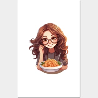 Cute Girl Eating Spaghetti Posters and Art